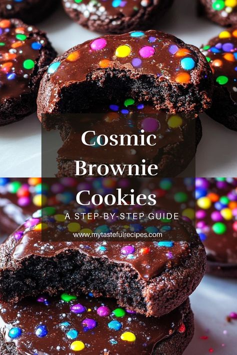 Discover the fun twist on classic brownies with these cosmic brownie cookies! Soft and fudgy, these cookies feature rainbow sprinkles and a rich, gooey chocolate center that will have you coming back for more. Cosmic Brownie Truffles, Unique Brownies, Rainbow Cookie Recipe, Cosmic Brownie Cookies, Rainbow Cookies Recipe, Classic Brownies, Space Cookies, Fun Foods To Make, Brownie Truffles