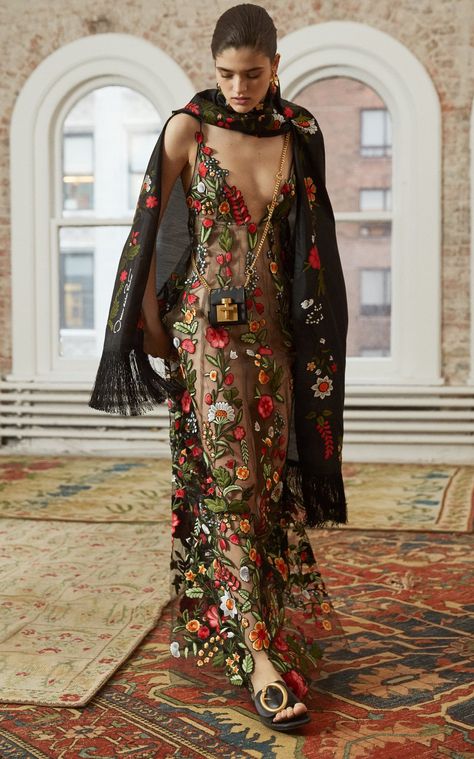 Embroidered Mesh Overlay Strap Gown by Oscar de la Renta PF19 | Moda Operandi Fashion Show Collection, Mode Inspiration, Pre Fall, A Dress, Couture Fashion, Pretty Dresses, Runway Fashion, Fashion Collection, Fashion News