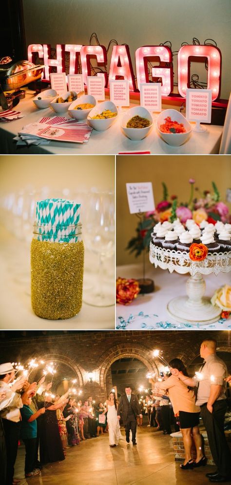 Our Chicago-style hot dog bar (late night snack) was a HUGE success! Sara and her friend (and me, too, until I got fired from helping with crafts) made this Chicago marquee and it turned out great! Another fun moment at the wedding was sending off the bride and groom with wedding sparklers!!! That was amazing! Chicago Style Hot Dog, Hot Dog Bar, Late Night Snack, Regional Food, Wedding Sparklers, Late Night Snacks, Chicago Style, Night Snacks, Getting Fired