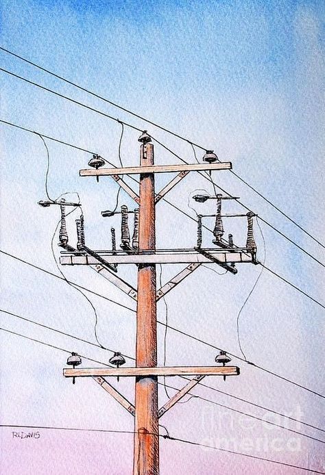 Power Lines Art, Power Lines Drawing, Power Line Drawing, Power Lines Painting, Blue Sky Watercolor, Electric Art, Leaving Cert, Electric Pole, September Art