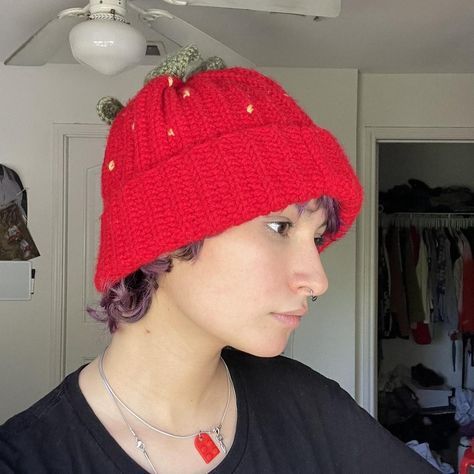 Hand crochet strawberry beanie ! Got this custom... - Depop Strawberry Beanie, Strawberry Stuff, Strawberry Crochet, Thrift Inspo, Crochet Strawberry, Crochet Mittens, Crochet Stuff, Crochet Beanie, Pin Cushions