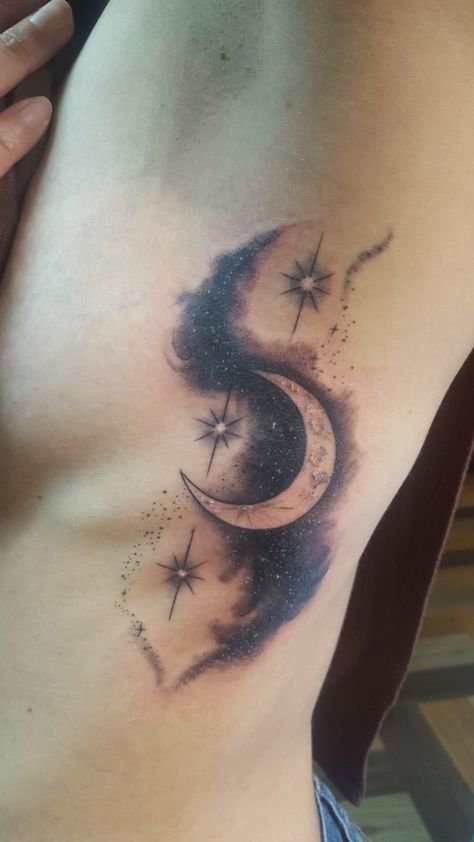 Starry Sky Tattoo Black, Cosmic Woman Tattoo, Moon And Galaxy Tattoo, Galaxy Theme Tattoo, Hip Bone Tattoos Women Cover Up, Galaxy Hip Tattoo, Simple Night Sky Tattoo, Celestial Tattoo Cover Up, Night Sky Tattoo Ideas