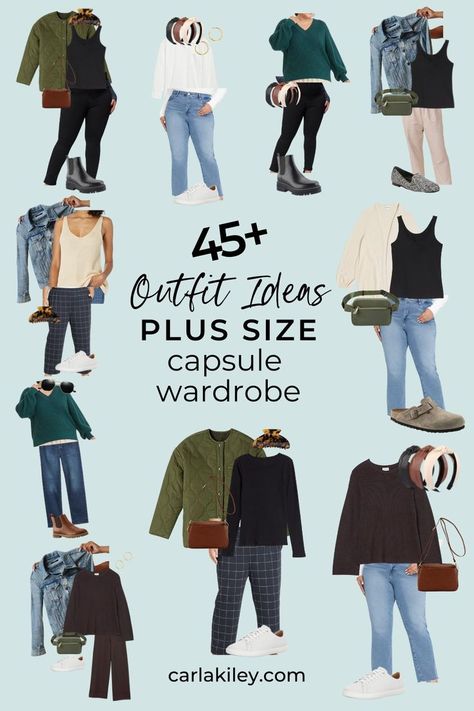 a variety of plus size outfits grouped together Plus Size Capsule, Plus Size Capsule Wardrobe, Capsule Wardrobe Casual, Capsule Wardrobe Women, Plus Size Fall Fashion, Plus Size Fall Outfit, Plus Size Cocktail Dresses, Plus Size Fall, Capsule Outfits