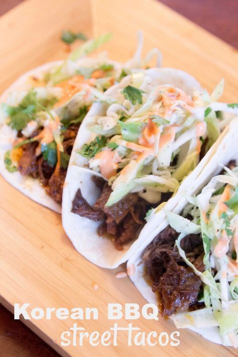 Korean BBQ Street Tacos with asian slaw made in the slow cooker. Korean Bbq Tacos, Korean Beef Tacos, Bbq Tacos, Recipe Korean, Asian Slaw, Street Tacos, Easy Weeknight Dinner, Bulgogi, Tacos Beef