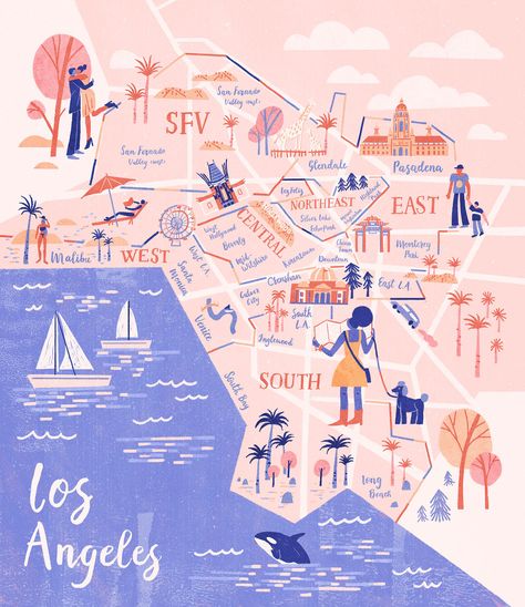 Map Illustration for LA Weekly's Best of LA: The Neighborhood Edition. Maps Illustration Design, City Maps Illustration, Spot Illustration, Map Illustration, Hand Drawn Map, Drawn Map, Posca Art, Eagle Rock, Travel Illustration