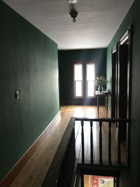 Sherwin Williams shamrock an emerald green color for our hallway in flat. Shamrock Sherwin Williams, Emerald Green Hallway, Sherwin Williams Shamrock, Emerald Green Walls, Dark Floorboards, Green Painted Walls, Hallway Colours, Color Room, Green Hallway