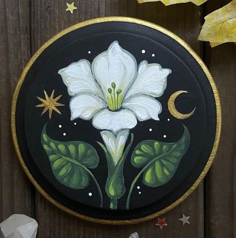 Witchy Canvas Art, Whimsigoth Painting Ideas, Whimsigoth Garden, Circle Canvas Painting Aesthetic, Witchy Art Painting, Bookcase Painting, Witchy Painting Ideas, Witchy Painting, Whimsigoth Art