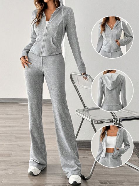 Fashionable Casual Sports Set For Women, 2pcs: Hoodie Jacket And Flared Leg Pants, Autumn Grey Casual    Plain  Slight Stretch  Women Clothing, size features are:Bust: ,Length: ,Sleeve Length: Solid Color Jumpsuits, How To Hem Pants, Jumpsuit Trousers, Sports Suit, Drawstring Hoodie, Two Piece Outfit, Modest Outfits, Hoodie Jacket, Christmas List