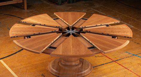 Lotus Woodworks | Expanding Round Table Expanding Round Table, Round Dinning Table, Dining Room Furniture Design, Circular Dining Table, Dining Table With Storage, Round Dining Room Table, Old Design, Circular Table, Extending Table