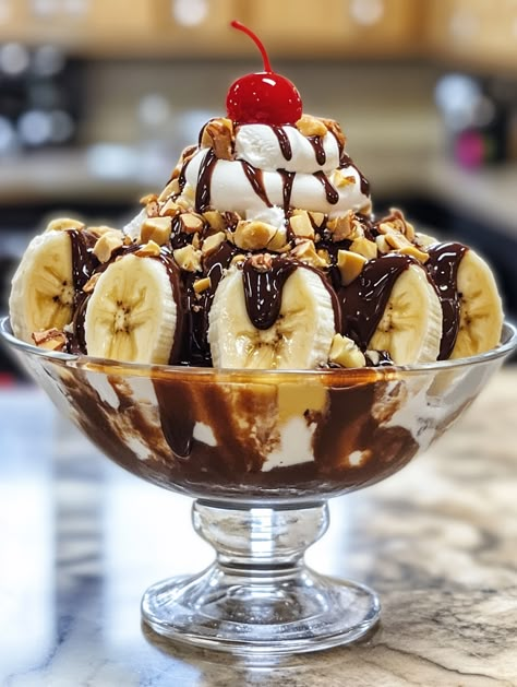 Ice Cream Sundae with Banana Split and Nuts 🍨  🍨 𝗜𝗻𝗴𝗿𝗲𝗱𝗶𝗲𝗻𝘁𝘀 🍨 3 bananas, split lengthwise 6 scoops vanilla ice cream 6 scoops chocolate ice cream 6 scoops strawberry ice cream 1 cup hot fudge sauce, warmed 1 cup caramel sauce, warmed 1 cup pineapple topping 1 cup chopped nuts (such as peanuts, walnuts, or almonds) Whipped cream Maraschino cherries Sprinkles (optional) Ice Cream Banana Split, Ice Cream Food Photography, Pineapple Topping, Ice Cream Beach, Walnut Ice Cream, Sundae Ice Cream, Hot Fudge Sundae, Sundae Recipes, Ice Cream Sunday