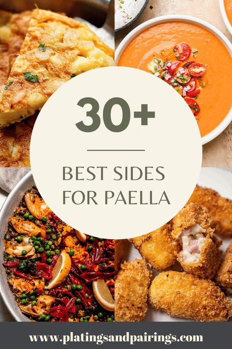 Wondering what to serve with paella? These 25+ delicious tapas-style side dishes are made with simple ingredients and easy to make! Spanish Side Dishes, Vegetarian Paella, Spanish Dinner, Easy Spanish Recipes, Paella Party, Spanish Appetizers, Spanish Paella, Best Tapas, Seafood Paella