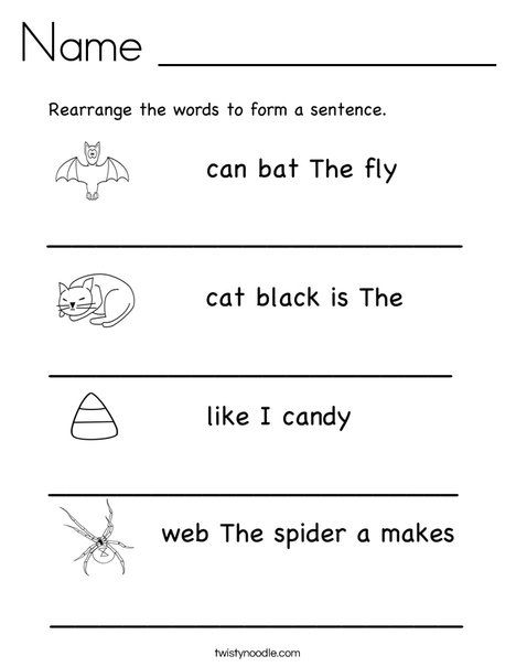 Name ______________ Coloring Page - Twisty Noodle Scrambled Sentences Worksheet, Simple Sentences Worksheet, Sentences Kindergarten, Writing Sentences Worksheets, Jumbled Words, Writing Sentences, English Grammar For Kids, Kindergarten Reading Worksheets, First Grade Worksheets