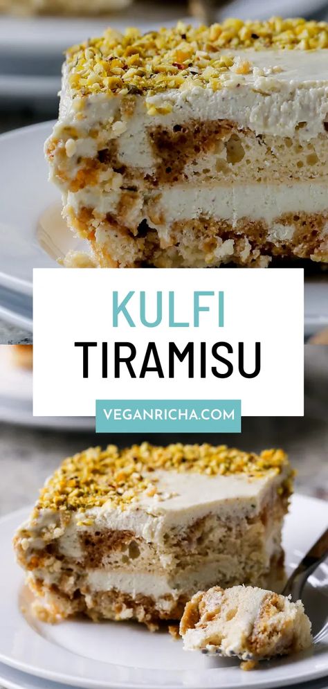 Kulfi Tiramisu - this Indian tiramisu fusion combines creamy, cardamom-scented kulfi with coffee infused cake to create a showstopping, layered dessert. It’s absolutely epic! Vegan Tiramisu, Kulfi Recipe, Layered Dessert, Layered Desserts, Sponge Cake Recipes, Decadent Cakes, Fusion Food, Indian Desserts, Vegan Cake