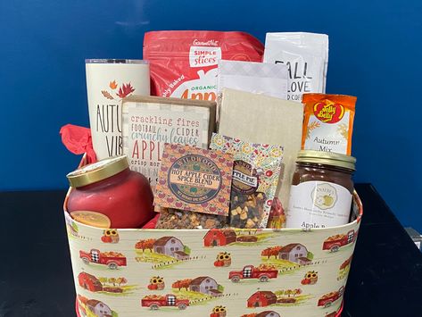 All things fall and apple orchard themed for a gift basket Apple Themed Gift Basket, Fall Apple Orchard, All Things Fall, Raffle Baskets, A Gift Basket, Themed Gift Baskets, Fall Apples, Apple Orchard, Spice Blends