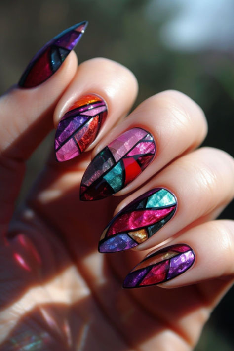 Stained Glass Inspiration: Nail Designs For A Purple Dress Stained Glass Acrylic Nails, Stained Glass Nails Acrylic, Stained Glass Nails Designs, Tourmaline Nails, Gaudi Nails, Stain Glass Window Nails, Jewel Toned Nails, Stained Glass Window Nails, Stained Glass Nail Designs