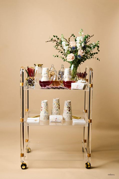 The Hostess with the Mostess Tea Station Tea Station Ideas For Party, Tea Station Ideas, Lucite Bar Cart, Rock Candy Sticks, Tall Bar, Lucite Tray, Tea Station, Dessert In A Jar, Honey Sticks