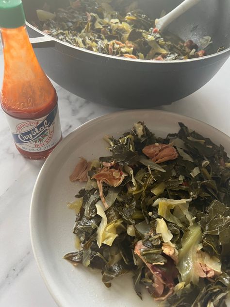 Collard Greens and Cabbage with Smoked Turkey Recipe - The Glam Kitchen Cabbage With Smoked Turkey, Collard Greens And Cabbage, Collard Greens With Smoked Turkey, Greens With Smoked Turkey, Southern Collard Greens, Smoked Turkey Wings, Collard Greens Recipe, Smoked Turkey Recipes, Louisiana Hot Sauce