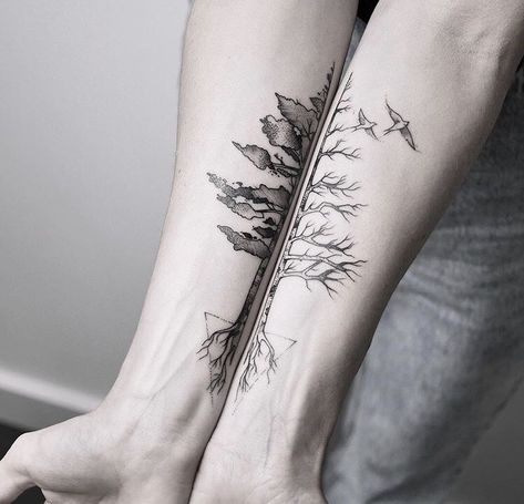 Matching tattoo of a tree on both forearms. One side signifies spring or summer, and the other side winter or autumn. Tattooed by Maria Fernandez Yggdrasil Tattoo, Marriage Tattoos, Pair Tattoos, Couple Tattoos Love, Cousin Tattoos, Tattoo Tree, Cute Couple Tattoos, Couple Tattoos Unique, Tattoos Inspiration