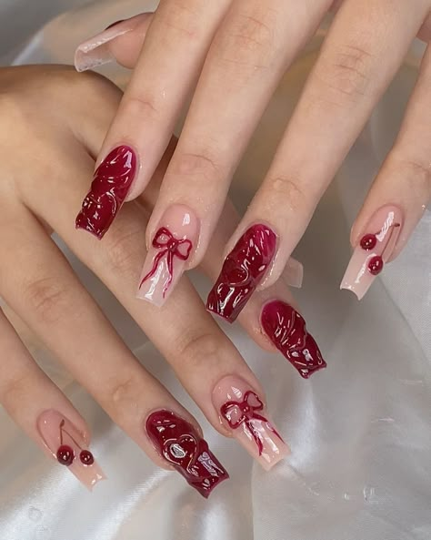 Red Nails 3d Art Designs, Red Cherry Nails Acrylic, 3d Red Nails, Red 3d Nails, Red And Nude Nail Designs, 3d Cherry Nails, Nude And Red Nails, Cherry Red Nail Designs, Cherry Nails Design