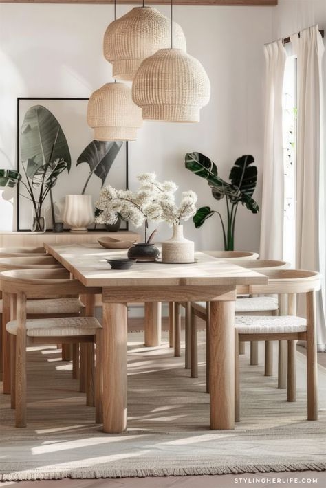 Modern Organic Table Centerpiece, Scandi Style Dining Room, Organic Modern Studio Apartment, European Organic Modern Decor, Modern Organic Dining Room Ideas, Organic Modern Decor Dining Room, Dining Room Modern Organic, Bali Dining Room, Modern Beach House Dining Room