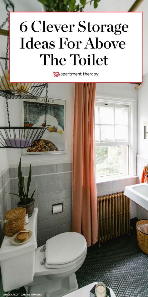 Make more use of the space above your toilet with these 6 clever storage ideas. #bathrooms #bathroomideas #bathroomdecor #bathroomtrends #storageideas #storagehacks #storagetips #smallspacehacks #storagesolutions Home Decor Hallway, Clever Storage Ideas, Bathroom Organization Ideas, Over Toilet Storage, Small Space Hacks, Boho Bathroom Ideas, Craft Spaces, Industrial Style Bathroom, Decor Hallway