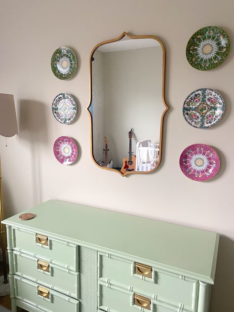 Famille Rose Salad Plates curated on LTK Nursery Plate Wall, Plates On Bathroom Wall, Plates On Wall In Bedroom, Plate Display Cabinet, Plates Around Mirror, Plate Display Ideas, Austin House, Austin Homes, Plate Wall