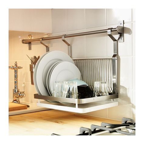 IKEA - wall mount over sink dish drain                                                                                                                                                      More Apartemen Studio, Organiser Cucina, Apartment Needs, Dish Drainers, Dish Rack, Kitchen Storage Solutions, Dish Rack Drying, Trendy Kitchen, Tiny Kitchen