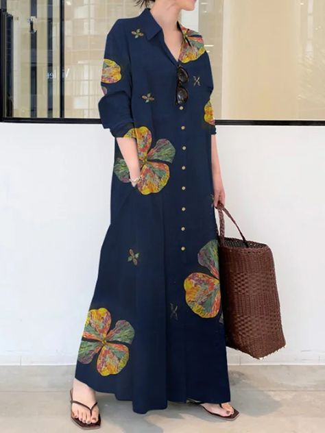 vestido largo Loose Shirt Dress, Brown Maxi Dresses, Shirt Dress Summer, Jumpsuit Dressy, Loose Maxi Dress, Maxi Shirts, Maxi Shirt Dress, Shirt Dress Style, Floral Print Maxi