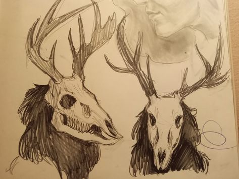 Some drawings I did of wendigos in my sketchbook Antler Design Drawing, How To Draw A Wendigo, Creepy Woods Drawing, Wendigo Head Drawing, Wendigo Drawing Reference, Wendigo Skull Drawing, Wendigo Tattoo Ideas, Bog Drawings, Bird Art Reference