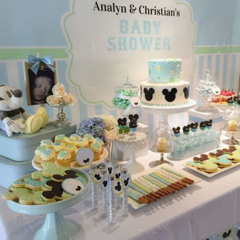 Baby Mickey Mouse Baby Shower dessert table                                                                                                                                                     More Mickey Mouse Baby Shower Ideas, Baby Shower Desserts Boy, Mickey Baby Showers, Baby Shower Party Planning, Mickey Cake, Mickey Mouse Baby Shower, Baby Shower Sweets, Baby Shower Dessert Table, Mickey Baby