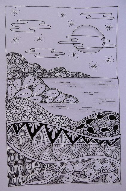 Tangled Landscape  Neat. I've been thinking about doing the same sort of thing Tangled Landscape, Zantangle Art, Zentangle Artwork, Zentangle Designs, Doodle Art Drawing, Doodle Inspiration, Tangle Art, Zentangle Drawings, Doodles Zentangles