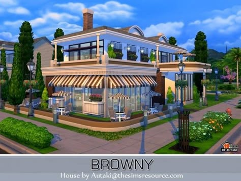 The Sims Resource: Browny Bar and Restaurant by Autaki • Sims 4 Downloads Sims 4 Restaurant, Restaurant Exterior Design, Sims Videos, The Sims 4 Lots, Sims Freeplay Houses, Sims Stories, Die Sims 4, Restaurant Exterior, Sims Houses