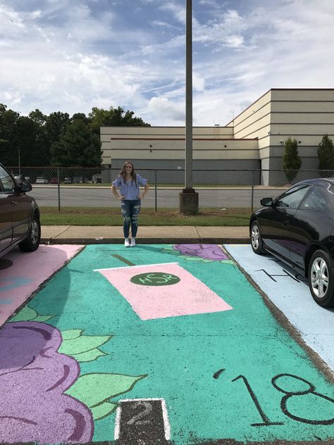 My Starbucks inspired senior parking spot #parkingspot #senior #pinkdrink Parking Lot Pics, Painted Parking Spots, Senior Parking Spot Ideas, Parking Spot Ideas, Parking Lot Painting, Senior Parking Spot, Parking Spot Painting, Warrior Images, Baseball Ideas