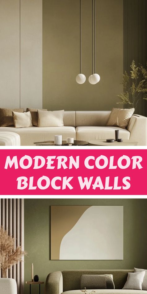 This pin showcases stunning ideas for color-blocked walls that add modern depth to your interior spaces. Two vibrant images display popular color combinations that can enhance your living area effortlessly. Modern Home Decor Ideas, Block Wall, Modern Interiors, Wall Ideas, Modern Colors, Modern Spaces, Trendy Colors, Trending Decor, Modern Home Decor