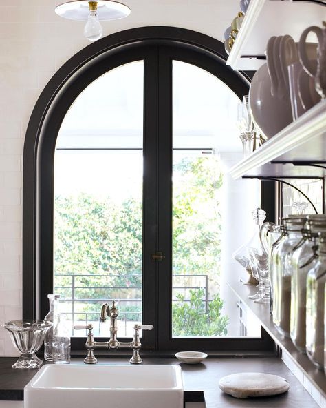 Window Above Sink, Large Kitchen Window, Corner Sofa And Chair, Hamptons Decor, Arch Window, Above Sink, Coastal Living Rooms, Arched Windows, Farmhouse Sink