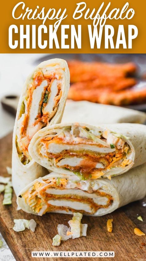 This Buffalo chicken wrap recipe is ready in 15 minutes! Crispy chicken tenders brushed with tangy Buffalo sauce, tucked into tortillas with creamy ranch, cheese and lettuce. Buffalo Wraps Chicken, Sides To Go With Chicken Wraps, Chicken Finger Wrap, Buffalo Chicken Wraps Recipes, Chicken Nugget Wrap Recipe, Buffalo Crispy Chicken Wraps, Buffalo Chicken Tender Wraps, Crispy Chicken Wrap Recipes, Canned Chicken Buffalo Wrap