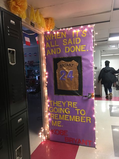 Winterfest basketball door. Students chose a Kobe Bryant quote. 💛💜 Kobe Bryant Door Decoration, History Bulletin Board Ideas, Basketball Classroom, Middle School Social Studies Classroom, Kobe Bryant Tribute, History Classroom Decorations, Classroom Door Displays, Teachers Room, Class Door