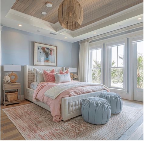 Beach Theme Master Bed, Master Bedrooms Light Blue, Blue Room With Pink Accents, Peach Coastal Bedroom, Blue Bedroom Teenage Girl, Large Guest Bedroom Ideas, Girls Room Blue Walls, Teen Beach Room Ideas, Bedroom Ideas Large Room