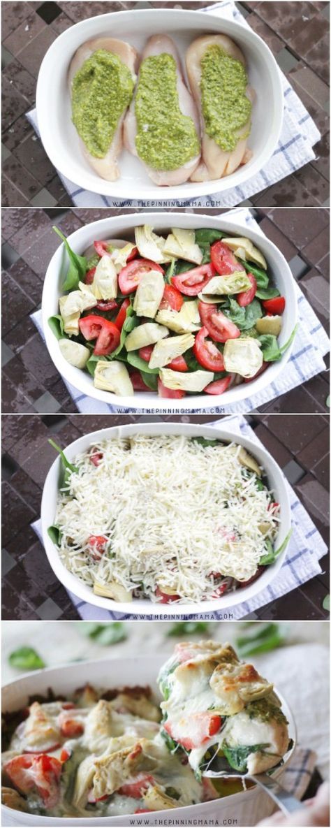 Easy Pesto, Spinach & Artichoke Chicken Bake Recipe - Step by step instructions. You won't believe how easy this is to make!! Spinach Artichoke Chicken Bake, Artichoke Chicken Bake, Chicken Bake Recipe, Pesto Spinach, Spinach Artichoke Chicken, Artichoke Chicken, Chicken Easy, Chicken Bake, Dinner Chicken