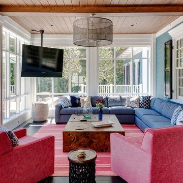 Sunroom Tv - Photos & Ideas | Houzz Workout Room Organization, Sunroom Remodel, Boston Interior Design, Pink Chairs, All Season Room, Balcony Living Room, Farmhouse Transitional, Sunroom Decorating, Sunroom Designs