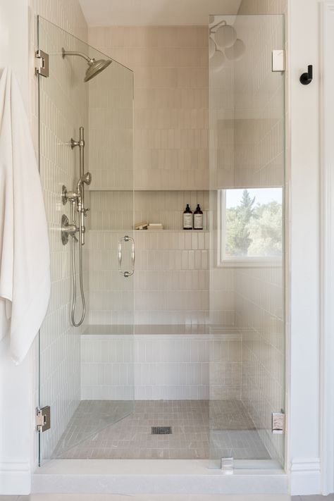 Primary shower. Shower niche. Polished nickel fixtures. Orange County interior design. Polished Nickel Bathroom Fixtures, California Modern Interior, Timeless Bathroom Design, Polished Nickel Bathroom, Shower Curb, Cabin Style Homes, Warm Bathroom, Relaxing Bathroom, Window In Shower