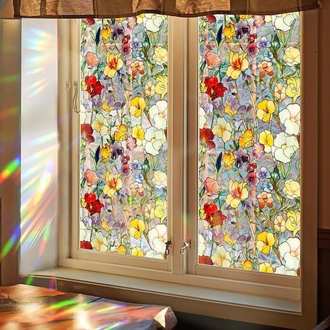 Stained Glass Adhesive Film, Spanish Stained Glass Window, Fall Stained Glass Window, Stained Glass Peel And Stick, Wildflower Home Decor, Window Stained Glass Decals, Stain Glass Window Film, Peel And Stick Stained Glass Window Art, Stained Glass Sticker Window Film