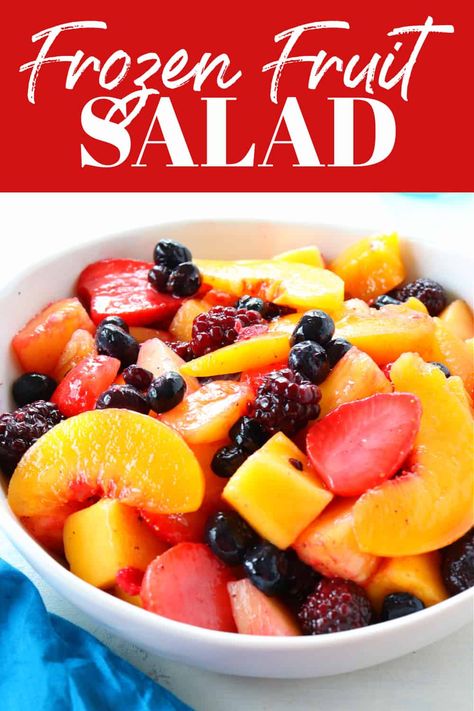 This Fruit Salad is made with frozen berries, peaches, pineapple and mango and drizzled with honey lemon dressing! Great way to cool off during summer and delicious treat with frozen fruit to enjoy during the rest of the year. #fruit #salad Frozen Fruit Salad, Frozen Fruit Salads, Frozen Strawberry Recipes, Frozen Fruit Recipes, Berry Fruit Salad, Fruit Salad Recipe, Berry Fruit, Summer Salad Recipes, Fruit Salad Recipes