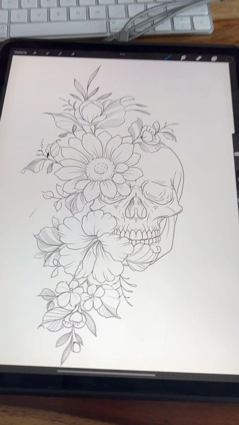 Floral Skull Tattoos, Skull Tattoo Flowers, Feminine Skull Tattoos, Tattoos Floral, Flower Tattoo Drawings, Tattoo Flowers, Floral Tattoo Sleeve, Flower Tattoo Sleeve, Tattoos Skull