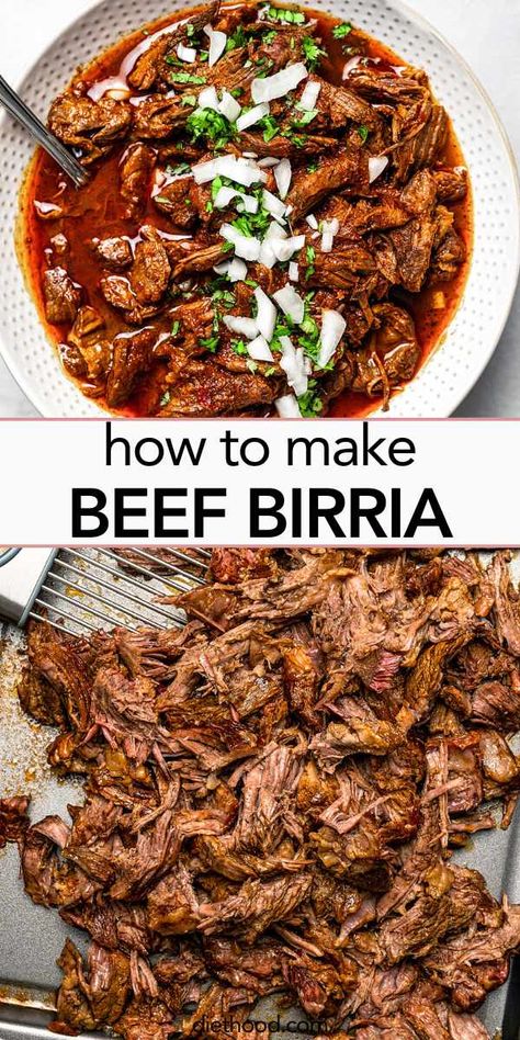 Make some delicious birria in your own kitchen! This traditional Mexican favorite is perfect as a hearty stew garnished with onions, cilantro, and a dash of fresh lime, or transform it into the popular birria tacos, also known as quesabirria, for a tasty twist! Traditional Mexican Tacos, Birria Recipe Mexican, Beef Birria Recipe, Mexican Shredded Beef, Steak Bites Recipe, Mexican Dinner Recipes, Pork Roast Recipes, Homemade Beef, Tacos Beef