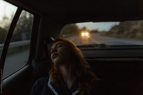 Woman sleeping in a car during a road trip by Thais Ramos Varela - Stocksy United #roadtrip #travel #stock #stockphoto Sleeping In A Car, Sleeping In Car, Ginger Woman, Sleep In Car, Woman Sleeping, Woman In Car, Road Trip Car, Ginger Women, Rap Beats