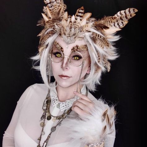 Owl Masquerade Costume, Bird Makeup Look, Owl People Character Design, Magical Creatures Costume, Owl Inspired Outfit, Harpy Cosplay, Woodland Masquerade, Enchanted Forest Costume, Fawn Cosplay