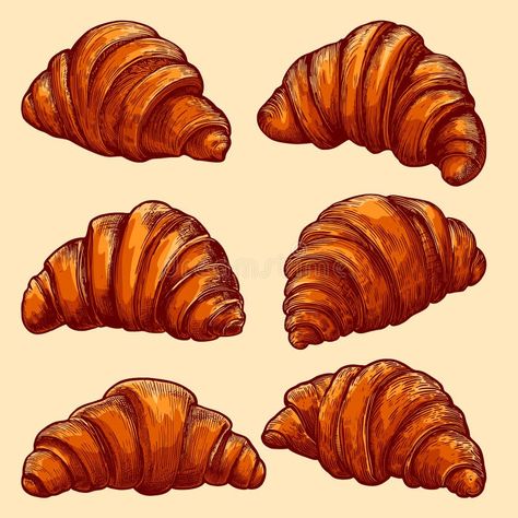 Croissant Illustration Drawings, Crossiant Drawings, How To Draw A Croissant, French Food Drawing, Croissant Drawing Simple, Crossaint Drawing, Croissant Sketch, Pastry Drawing, Croissant Vector