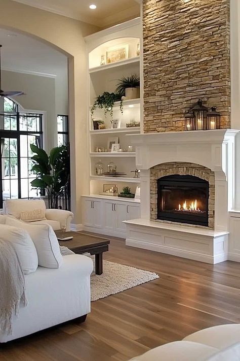 fireplace built in Built In Around Fireplace, Built In Shelves Living Room, Fireplace Built Ins, Living Room Decor Fireplace, Fireplace Remodel, Affordable Decor, Home Fireplace, Stylish Living Room, Fireplace Makeover