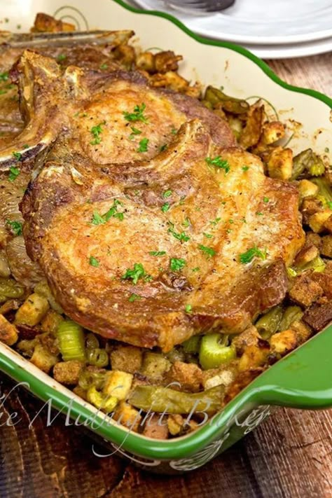 Stuffing In Oven, Pork Chops And Stuffing, Bake Ham, Crunchy Stuffing, Baked Stuffed Pork Chops, Pork Ideas, Stove Top Stuffing Recipes, Roast Pork Chops, Stove Top Stuffing